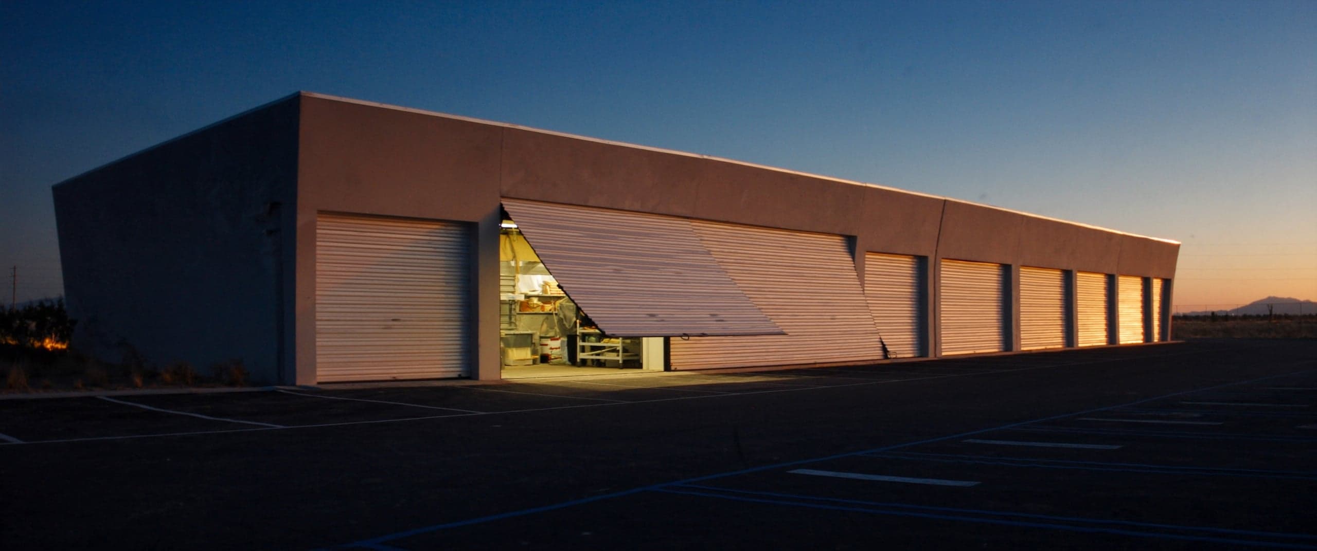 Small-bay flex industrial park at dusk