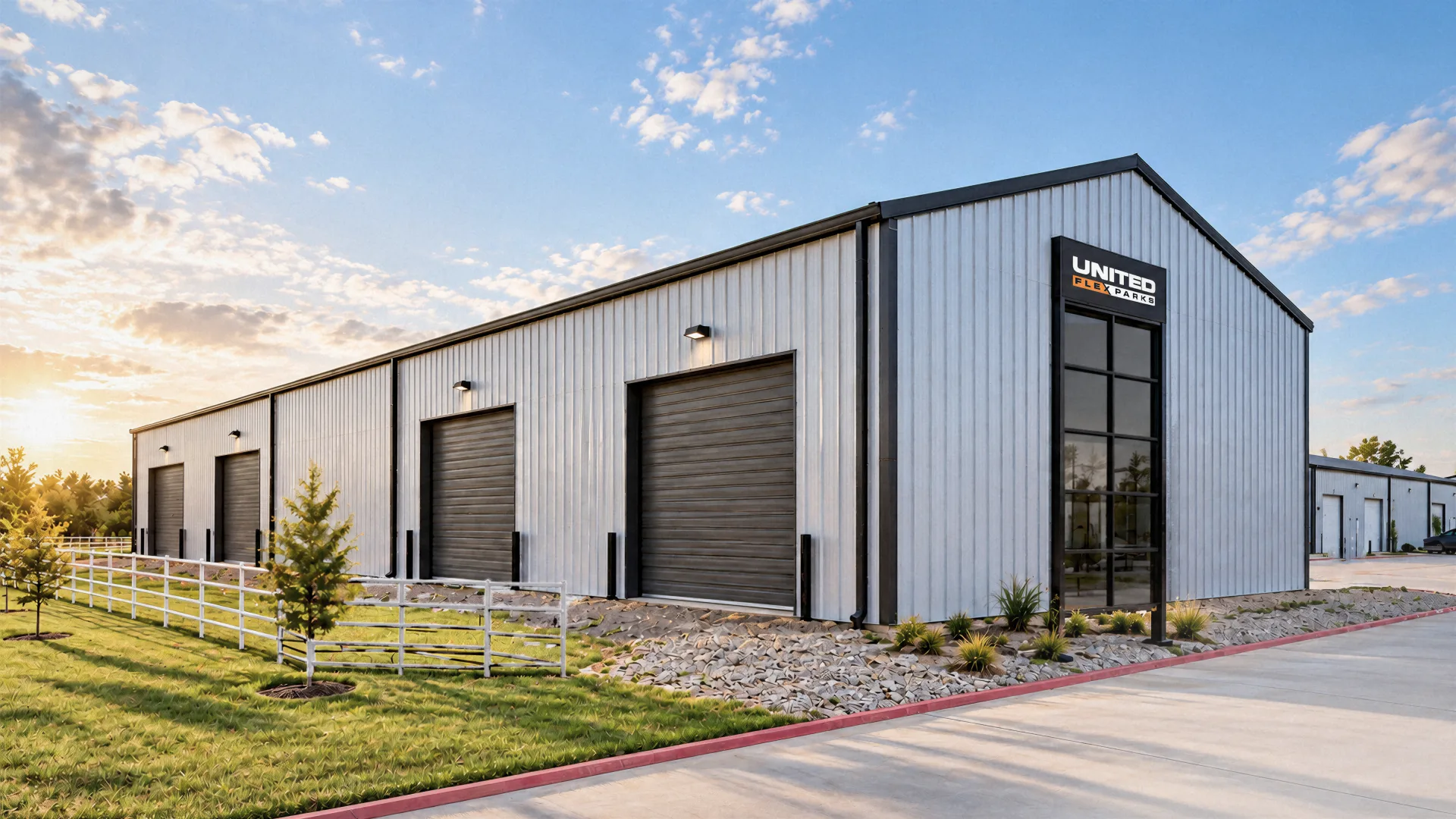 A United Flex Parks building: roll-up doors and the United Flex Parks sign on its glass entry tower