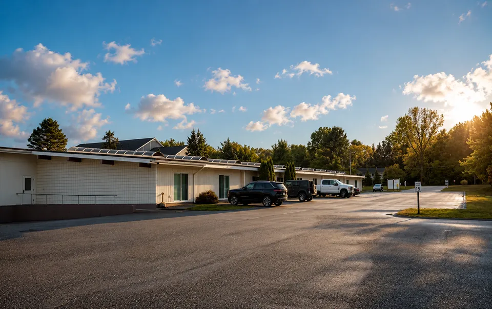 Medfield, Massachusetts: the park frontage at golden hour