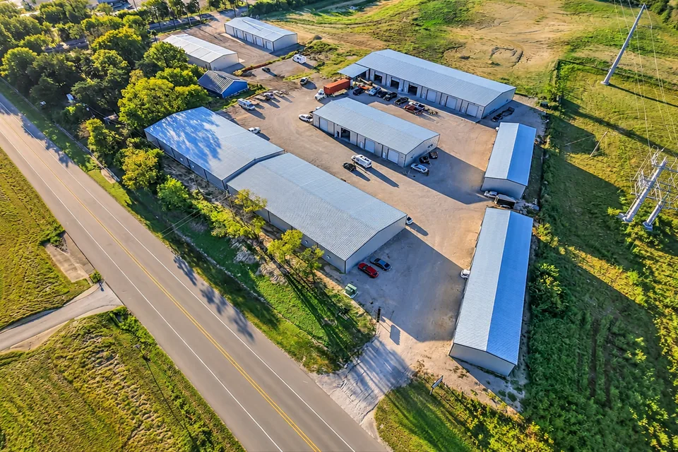 United Flex Anna from the air: metal shop buildings around a gravel yard