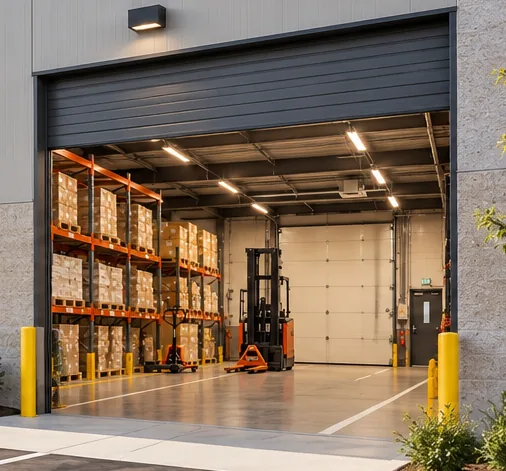 An open bay with racks of boxed stock rising toward the ceiling