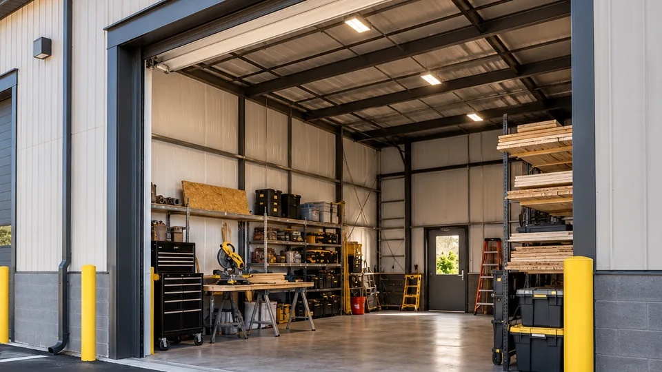 An open contractor's bay with a lumber rack, tool totes, shelving and a mitre saw