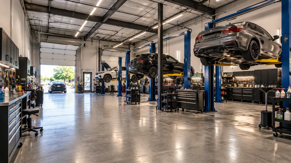 Cars raised on blue two-post lifts in a bright auto service bay