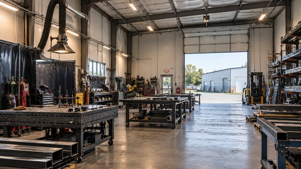 A fabrication shop with a welding table, steel racks and a forklift, its roll-up door open