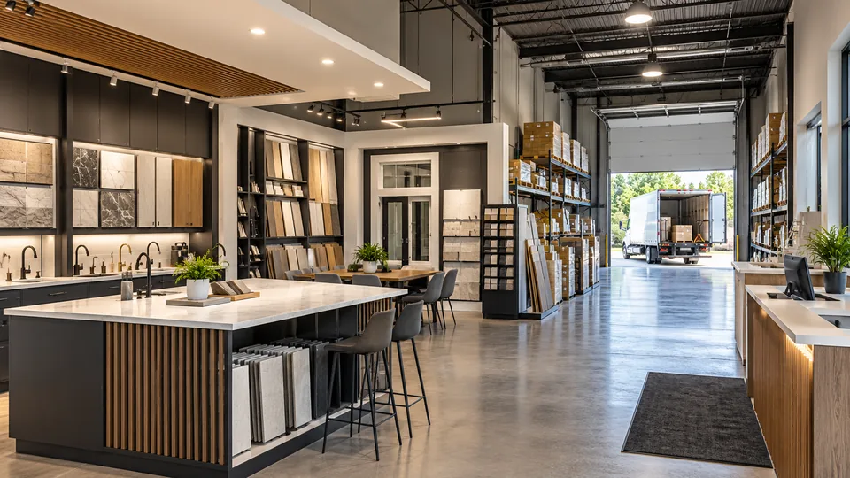 A showroom with tile and kitchen displays in front of racked stock and an open loading door