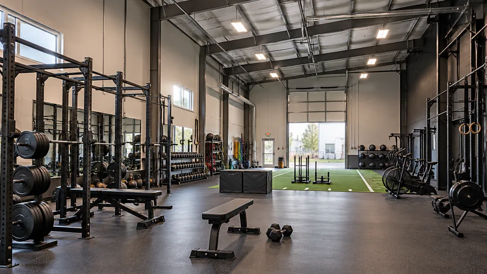 A strength gym in a tall flex bay with a turf lane and an open roll-up door