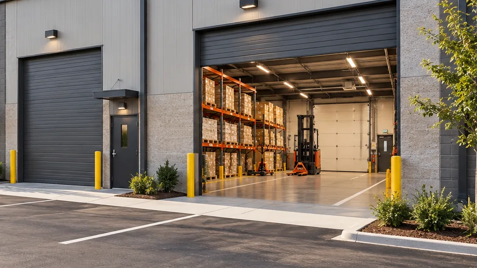 A small-bay unit with its roll-up door open on pallet racking stocked with cartons