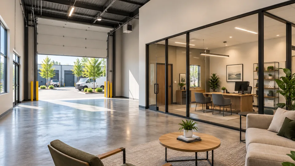 A finished office suite with a glass-walled office and a lounge inside a flex bay