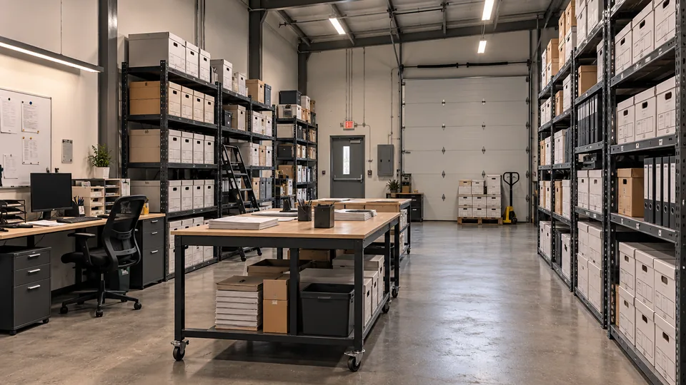 A records room in a flex bay with shelving of file boxes and a roll-up loading door