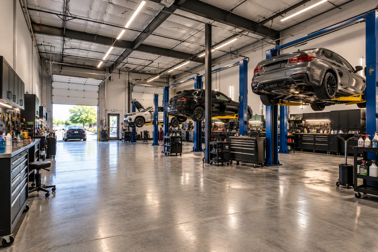 Cars raised on blue two-post lifts in a bright auto service bay, with tool chests along the wall