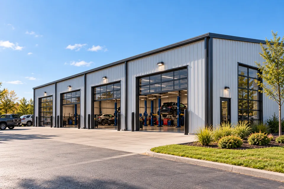 A metal flex building with four glass roll-up doors, three raised, with cars on lifts inside