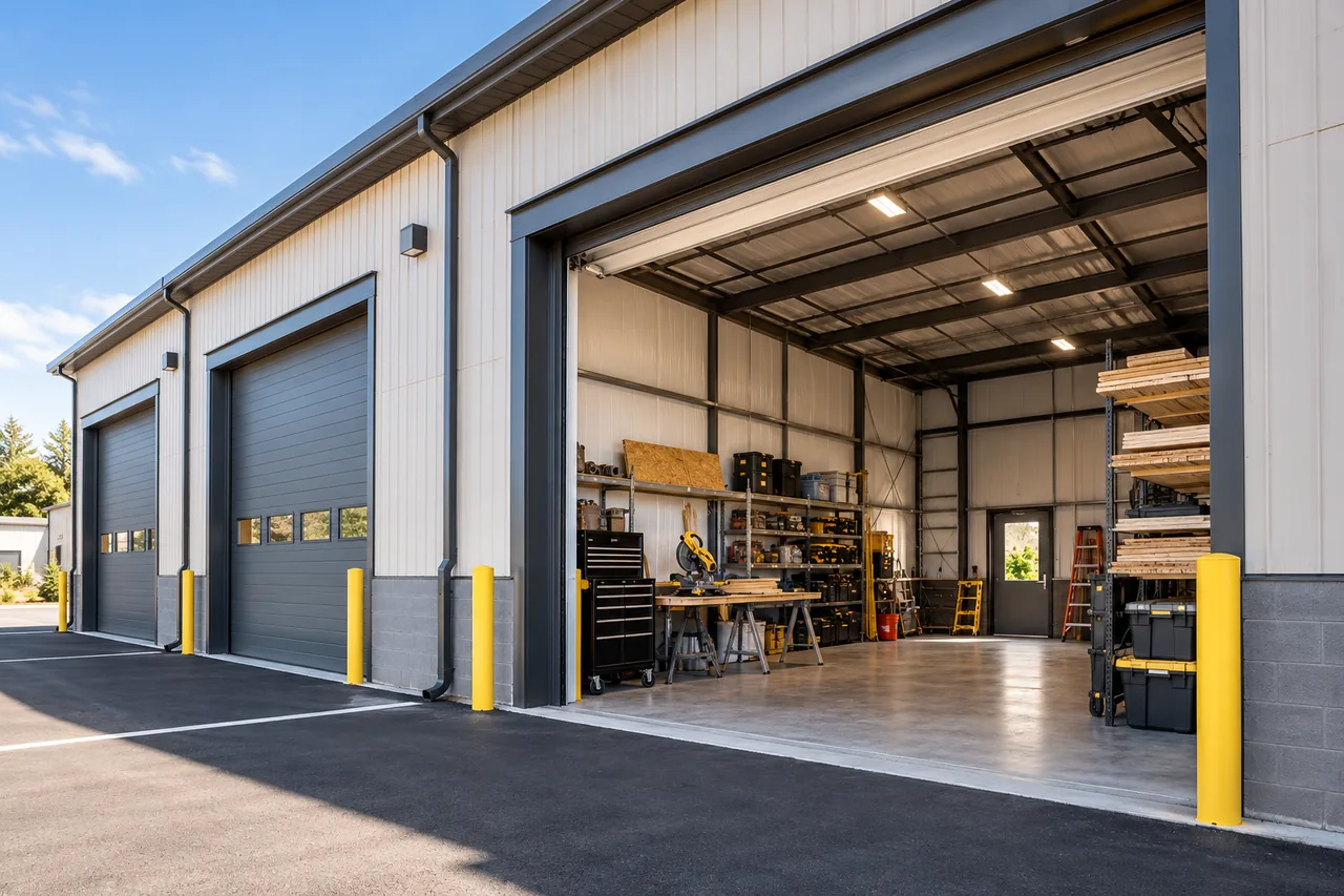 An open contractor's bay with a lumber rack, tool totes, steel shelving and a mitre saw on a bench