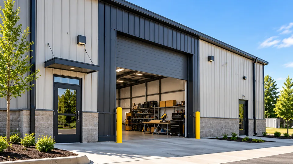 A flex unit with a glass office door beside an open bay of tool shelving, a workbench and a mitre saw
