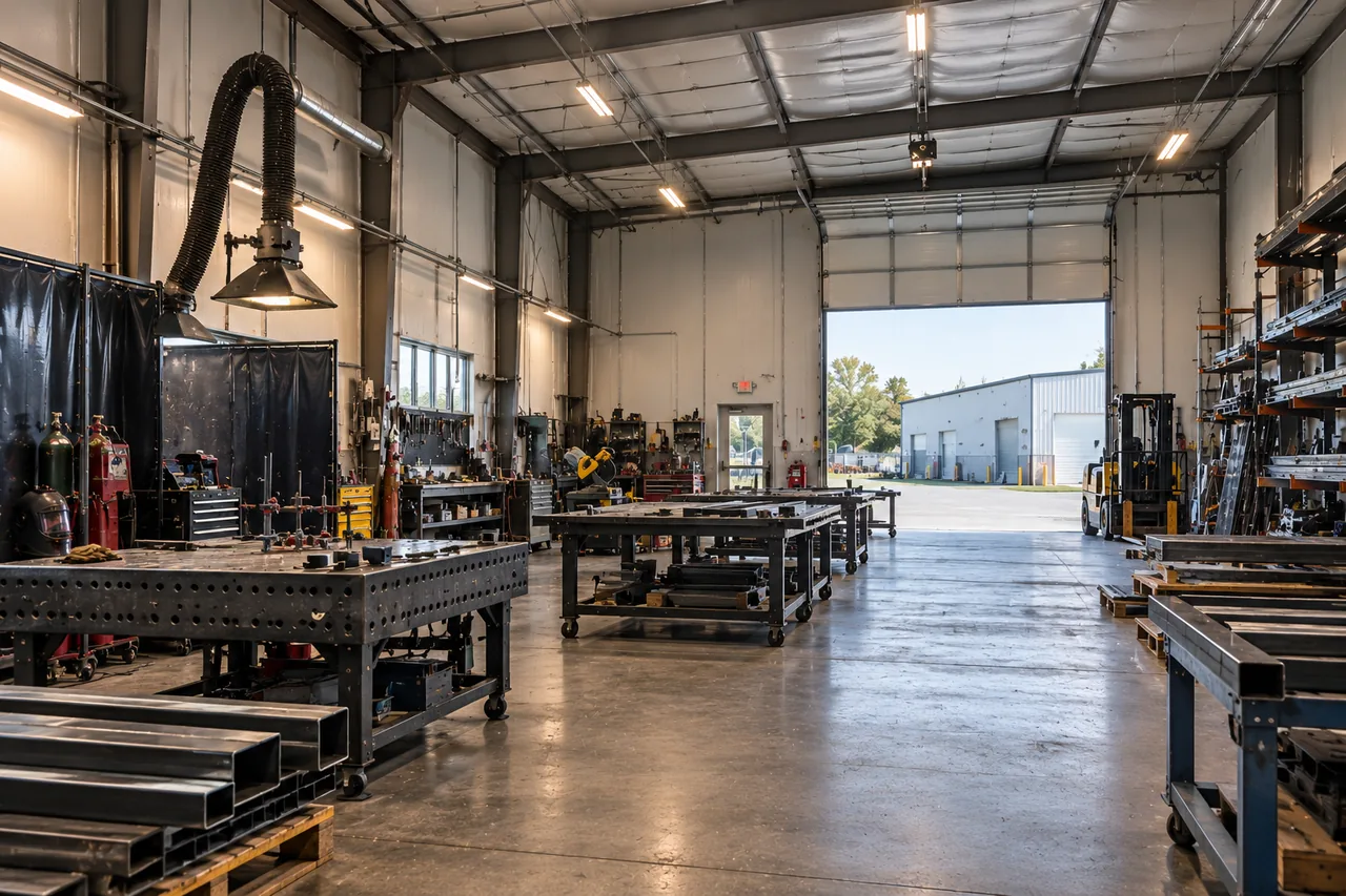 A fabrication shop in a high-bay unit: welding table, fume arm, steel racks and a forklift, with the roll-up door open to the lot
