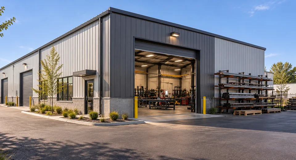 A metal shop building with its drive-in door open on a fabrication shop, and steel stock on an outdoor rack