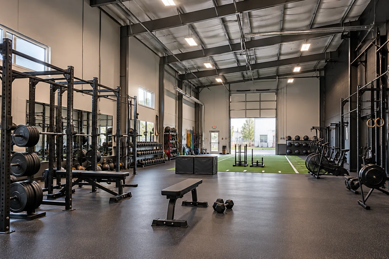 A strength gym in a tall flex bay: power racks, a turf lane with sleds, and a roll-up door open to the outside