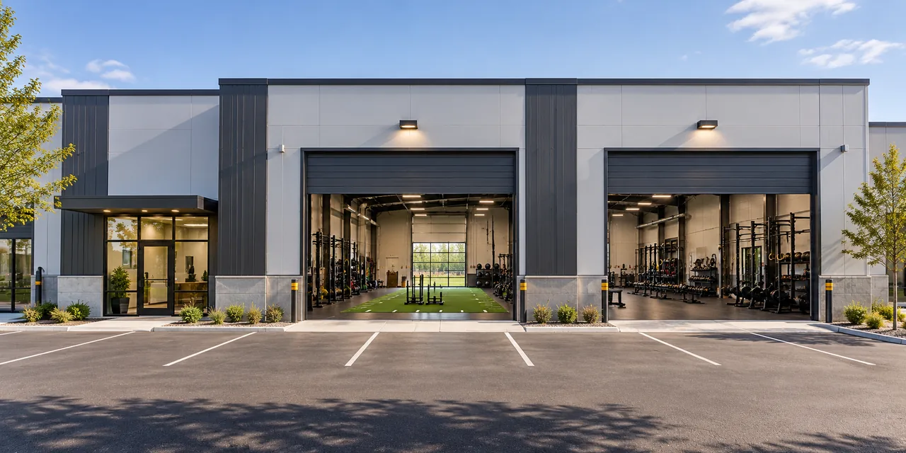 Two gym bays with their roll-up doors open onto an empty, striped parking lot