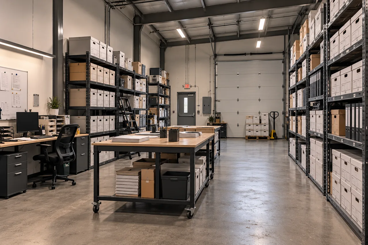 A records room in a flex bay: steel shelving of file boxes and binders, rolling work tables and a roll-up loading door