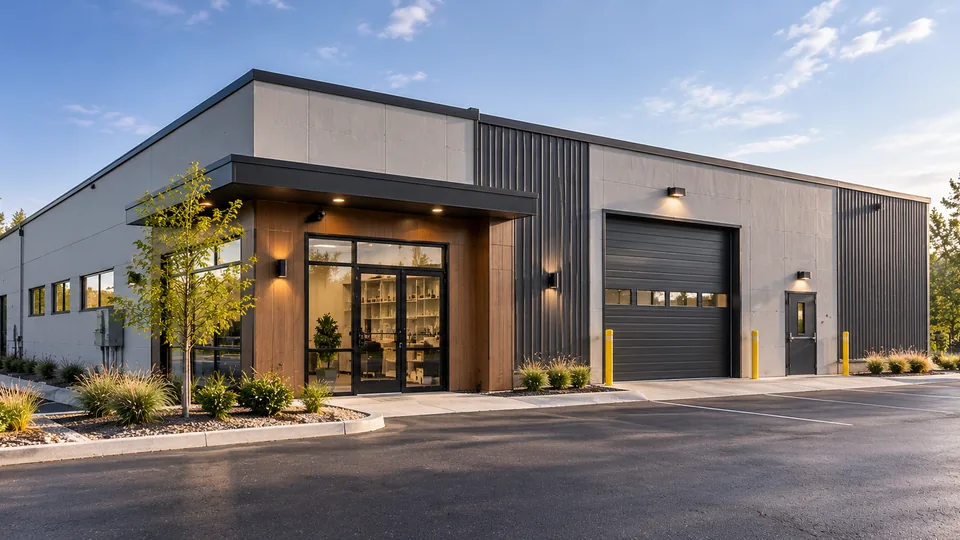 A single-story flex building with a glass office entry beside a closed drive-in door