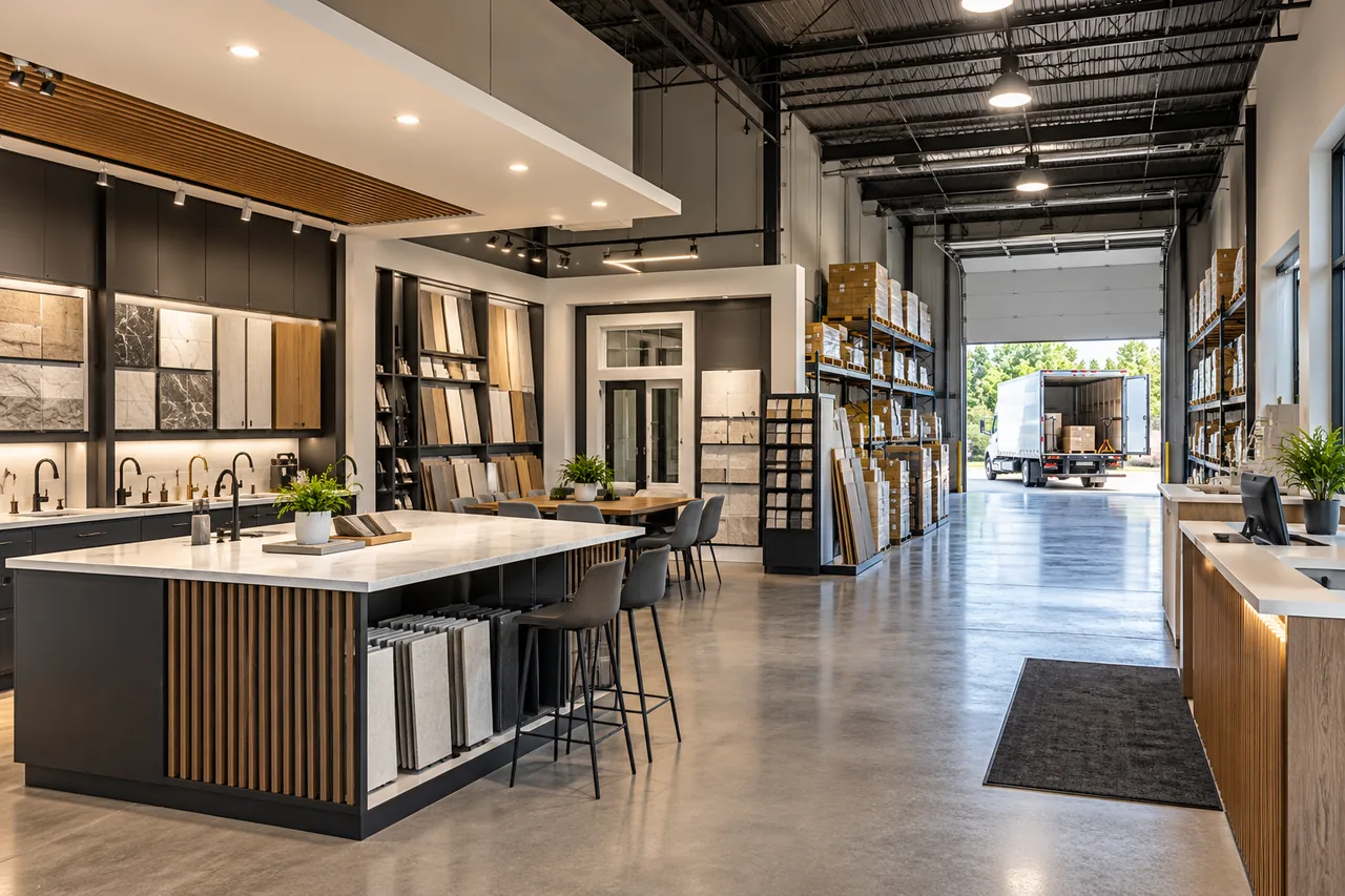 A kitchen, bath and flooring showroom inside a flex bay, with racked stock and a box truck at the open loading door behind