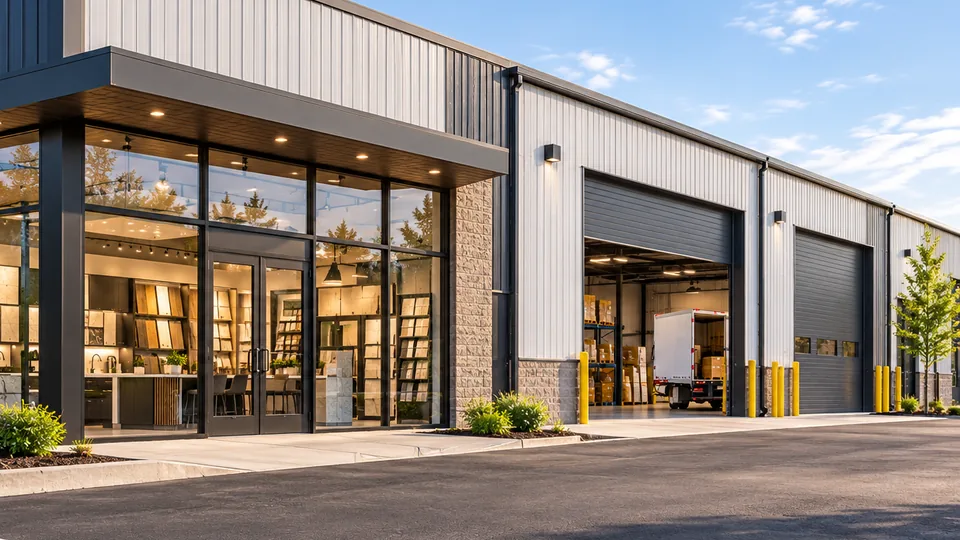 A flex building with a glass showroom of tile and flooring samples beside an open bay of boxed stock