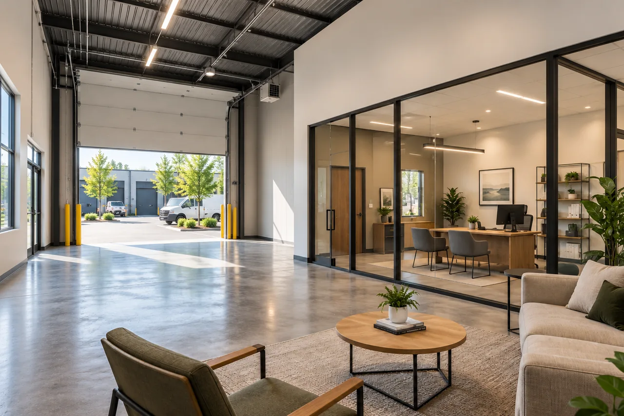 A finished office suite inside a flex bay: a glass-walled private office, a lounge with a sofa and armchair, and a roll-up door open to the parking court