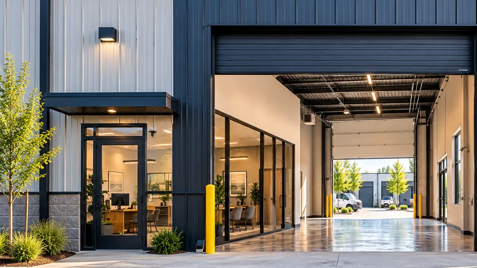 A flex unit with a glass office entry beside an open drive-through bay