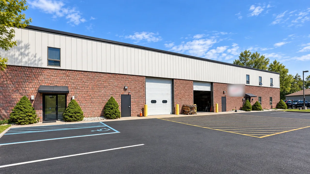 United Flex Medford: a brick and metal flex building with drive-in doors and its parking lot
