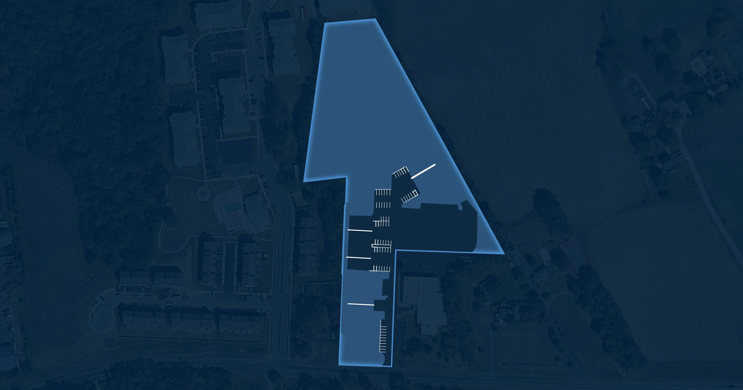 United Flex Medford site plan: suites along the west drive and two buildings off the central lot, over a toned satellite view
